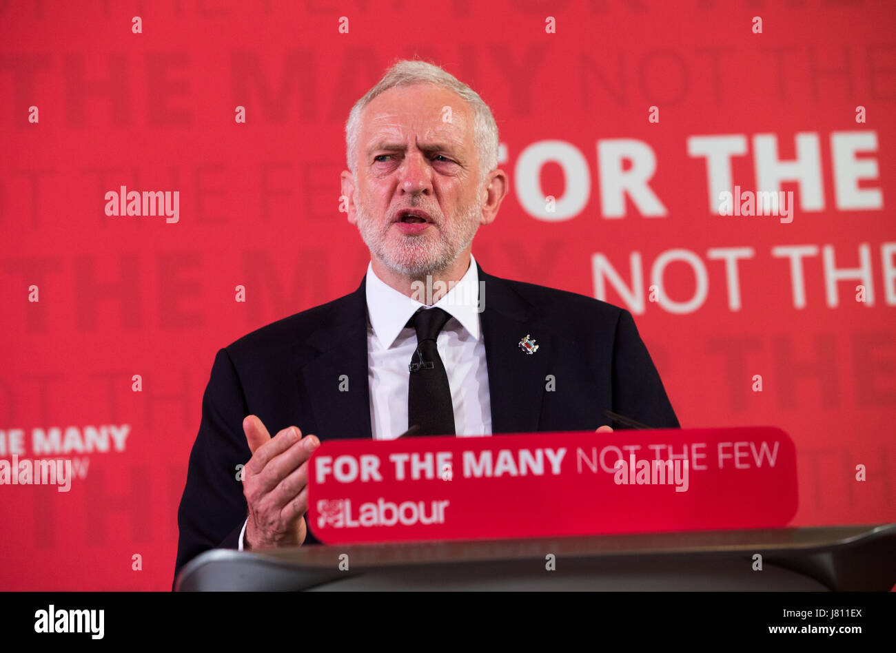 Labour leader, Jeremy Corbyn,  campaigning for the June 8th general election. He talks about defence following the terrorist attack in Manchester Stock Photo