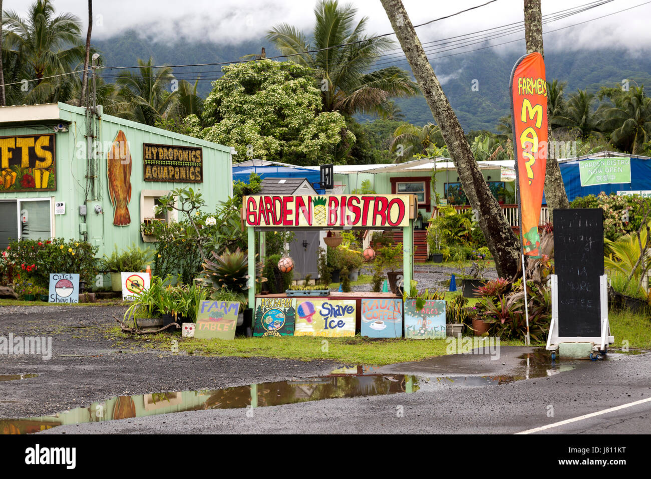 Tropical snack stand seen on the North Shore of Oahu. Recently rained, no attendant. Stock Photo