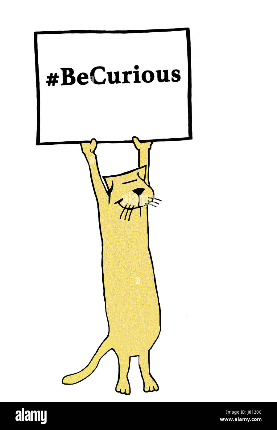 Cartoon illustration of a cat holding a sign '#BeCurious'. Stock Photo