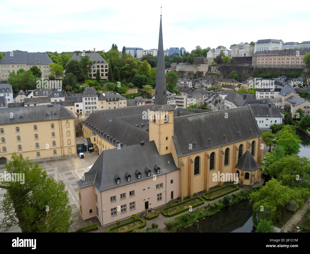 Neumunster Abbey, Beautiful Landmark at the Grund (Lower City) of Luxembourg City, Luxembourg Stock Photo