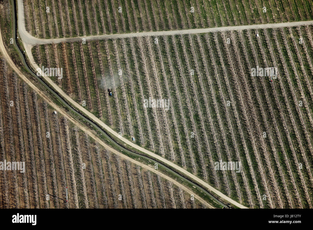 An aerial view of chemicals being applied to fruit orchards before the leaves begin to grow, in Washington state, . Stock Photo