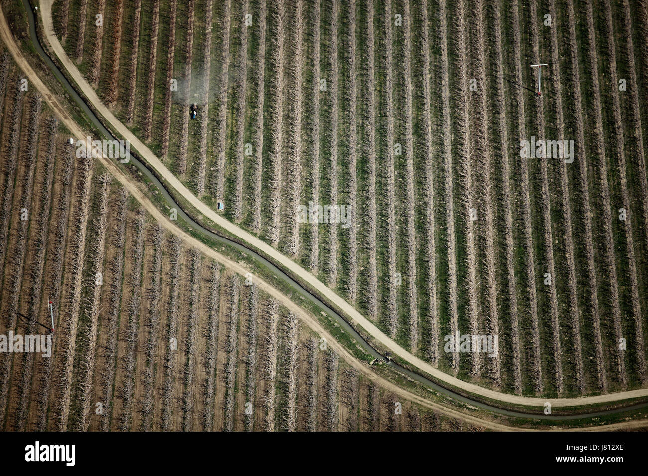 An aerial view of chemicals being applied to fruit orchards before the leaves begin to grow, in Washington state, . Stock Photo