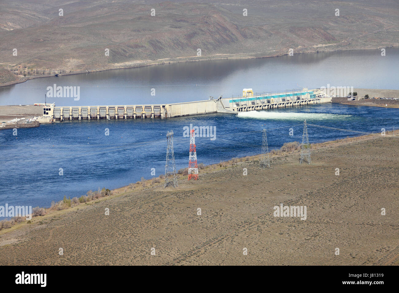 An aerial view of the Priest River hydro electric dam on the Columbia River near Wenachee Washington. Stock Photo