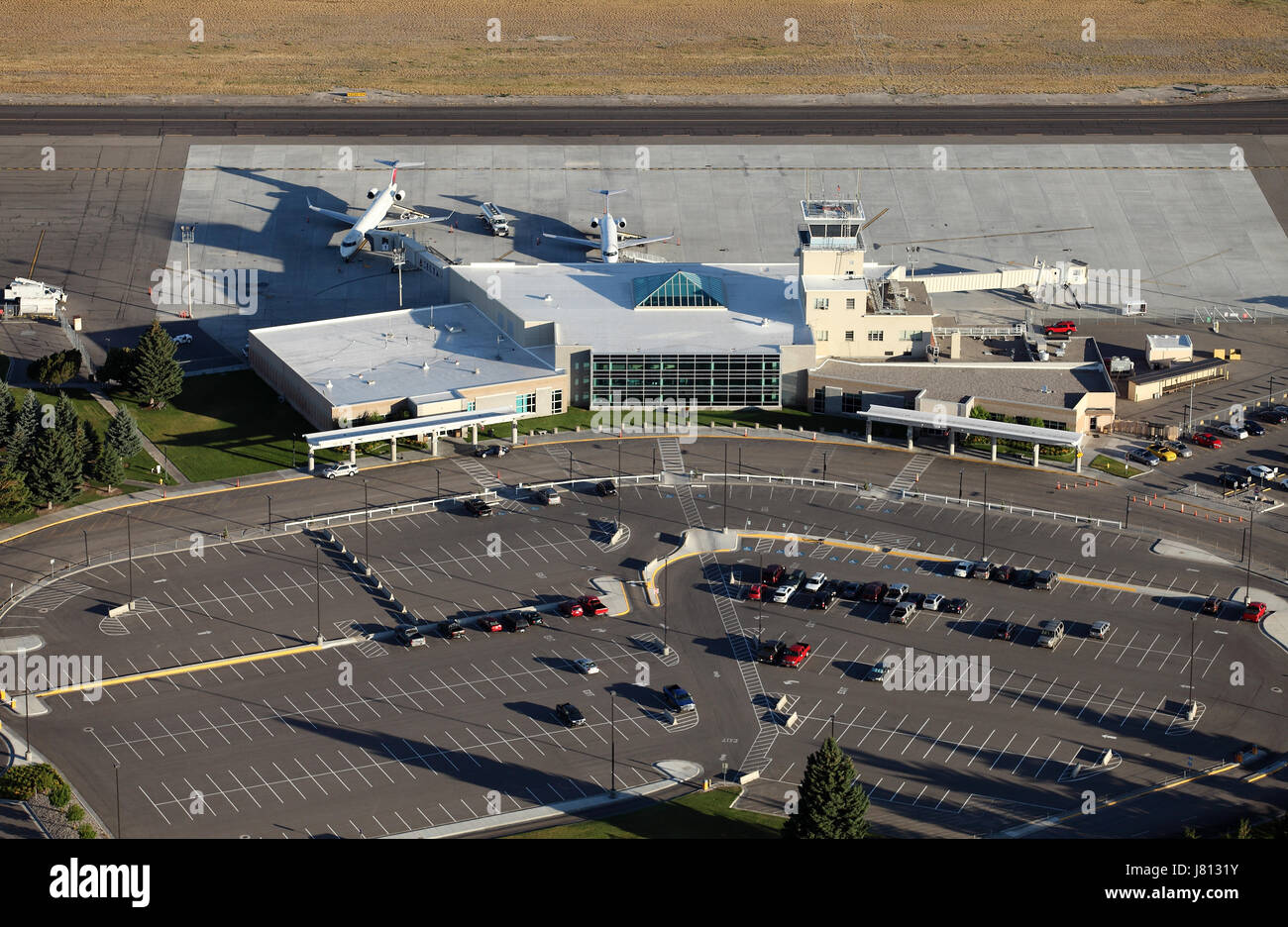 An aerial view of the Idaho Falls airport runway and terminal Stock Photo