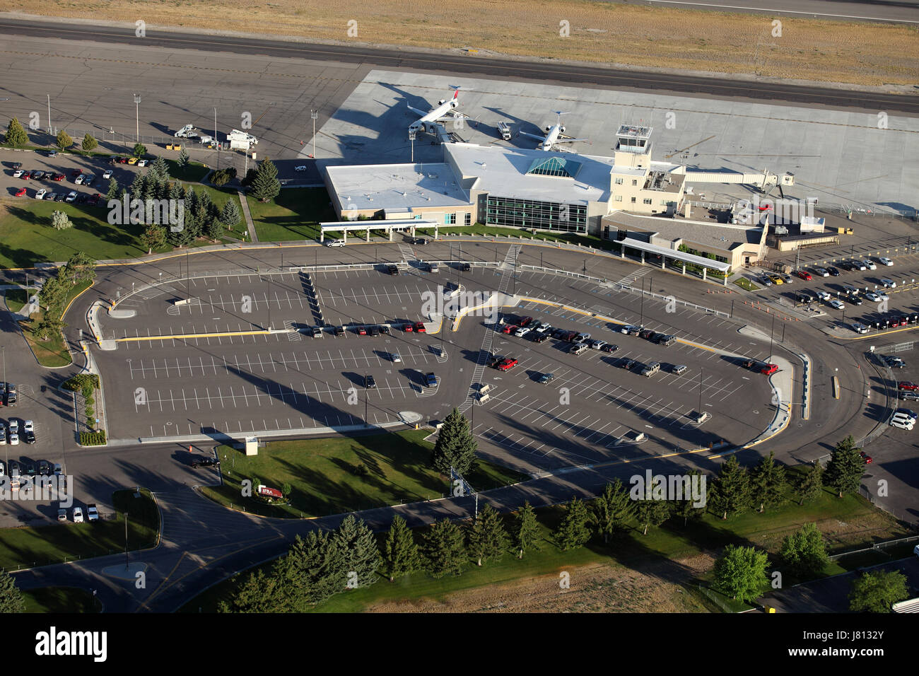 An aerial view of the Idaho Falls airport runway and terminal Stock Photo