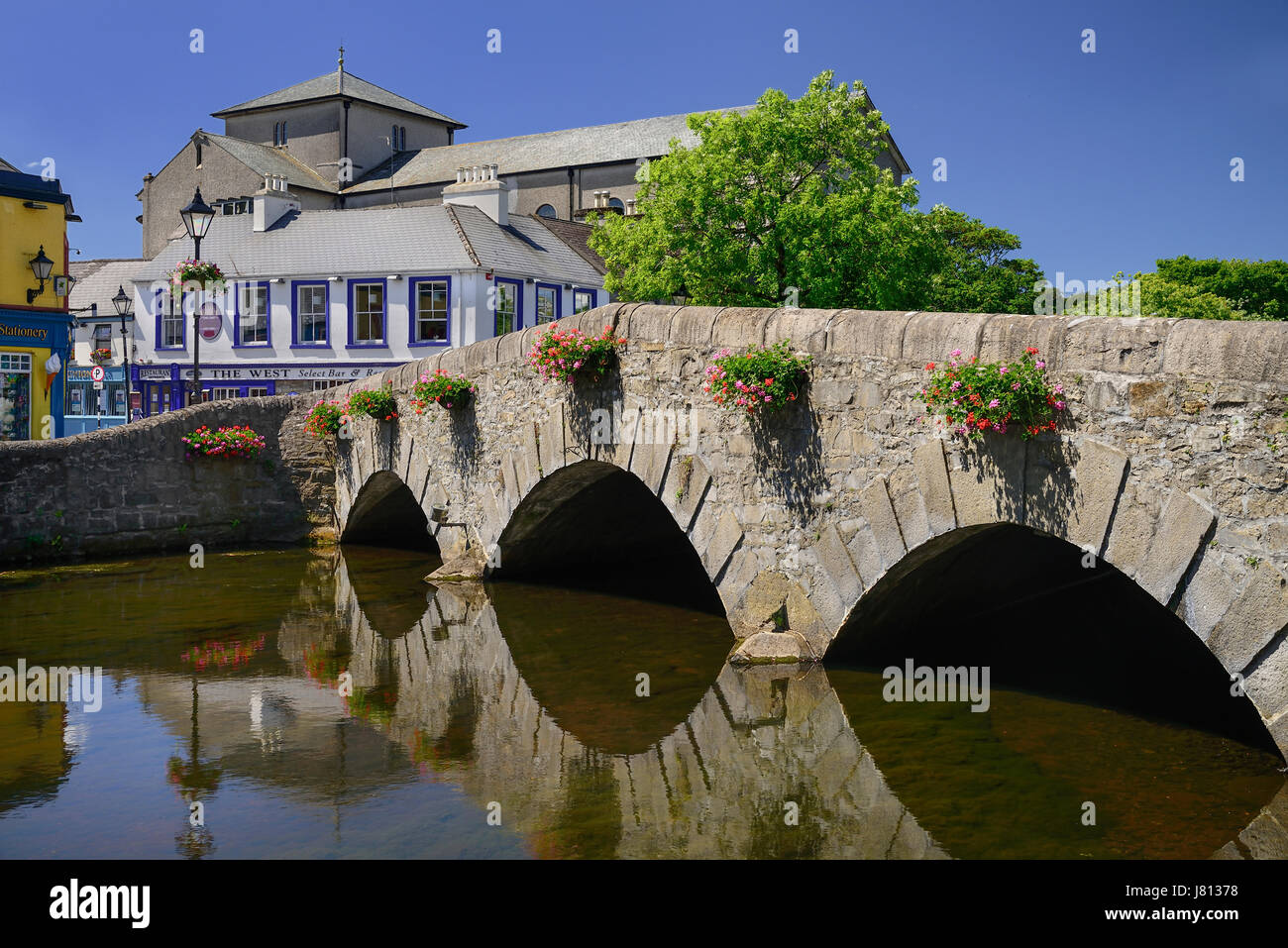 Ireland, County Mayo, Westport, A bridge over the Carrowbeg River on the Mall. Stock Photo