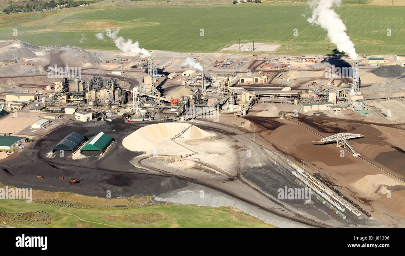 An aerial view of a phosphate processing facility where agricultural fertilizer is made. Stock Photo