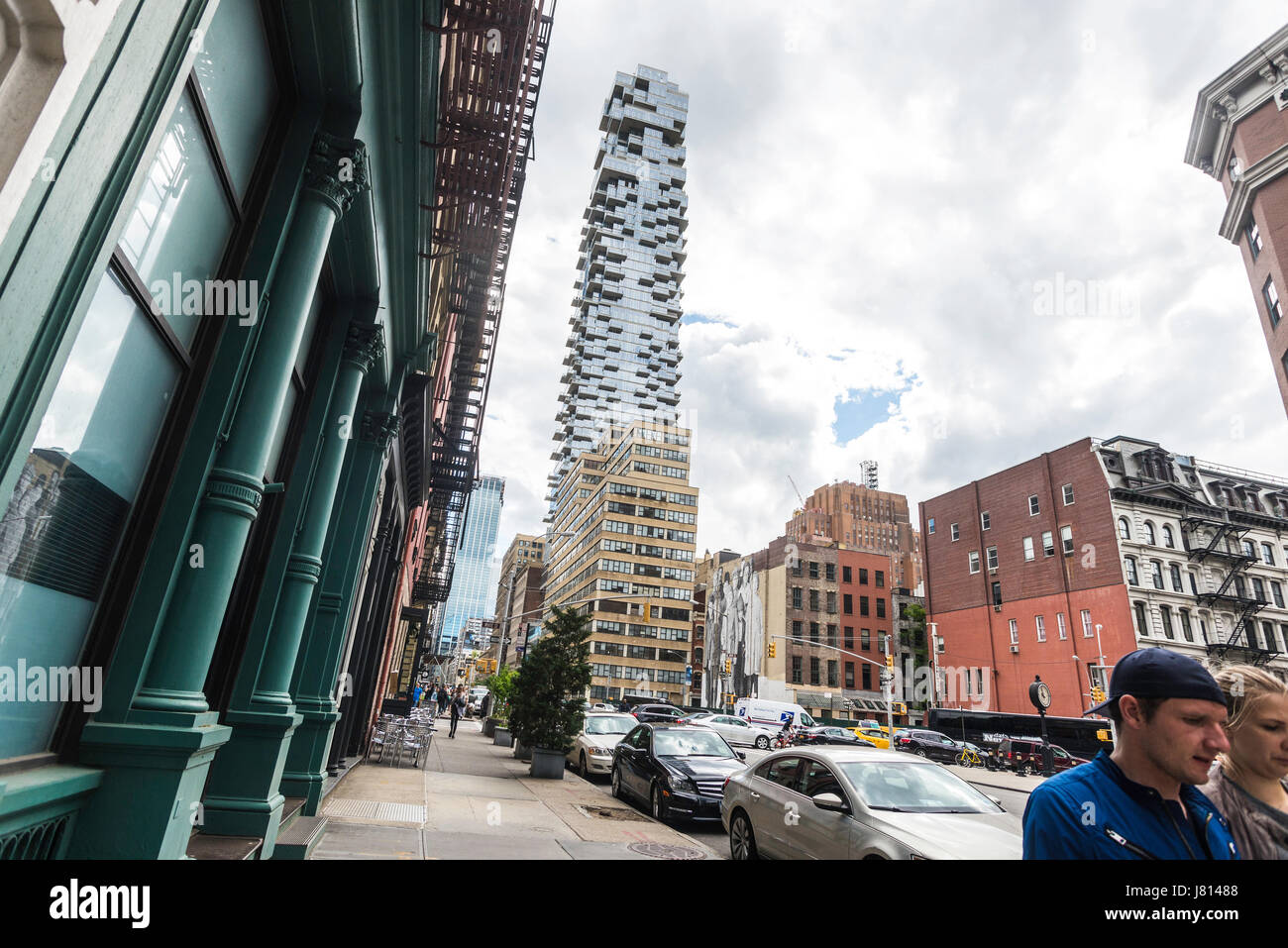 New York, USA 25 May 2017 The 60 story condo, 56 Leonard Street, commonly called the Jenga Building, rises above loft and industrial buildings in TriBeCa. Architects Herzog & de Meuron describes the building as 'houses stacked in the sky. ©Stacy Walsh Rosenstock Stock Photo