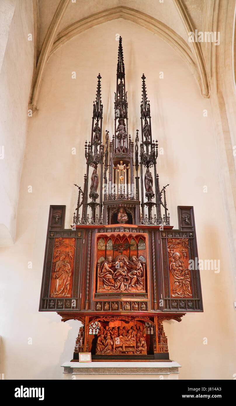 Germany, Bavaria, Rothenburg ob der Tauber, St Jakobs Kirche or St James Church, Altar of the Coronation of the Virgin Mary. Stock Photo