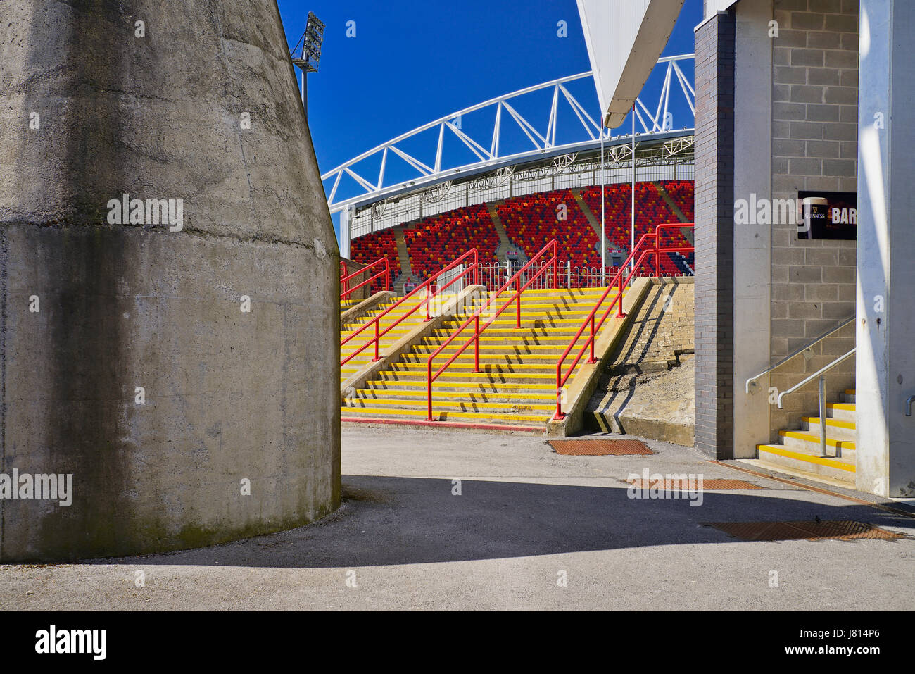 Ireland, County Limerick, Limerick City, Thomond Park Rugby Football Ground, Seating in the stand. Stock Photo