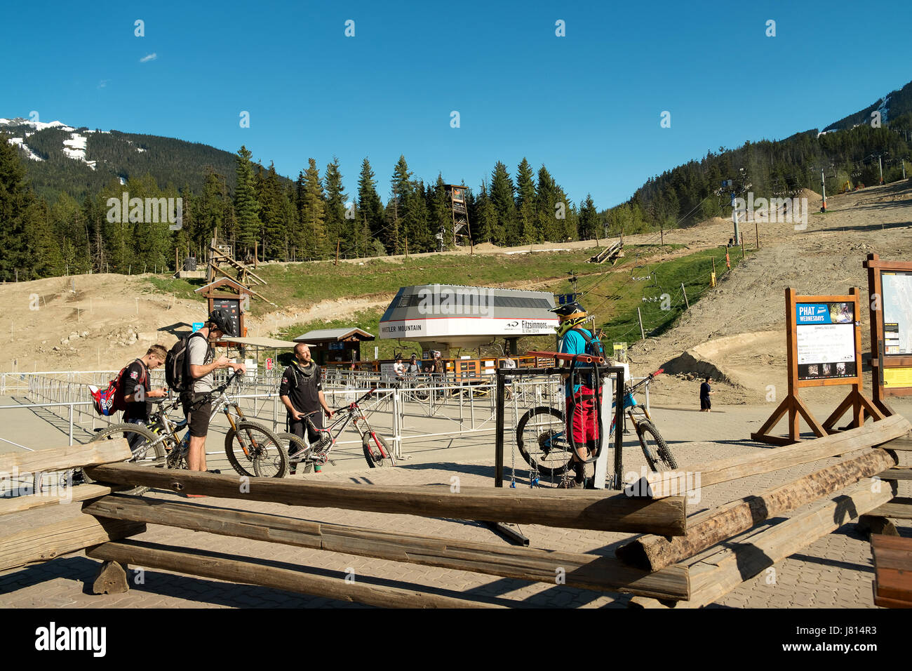 Downhill bike riders at the base of the Whistler Bike Park