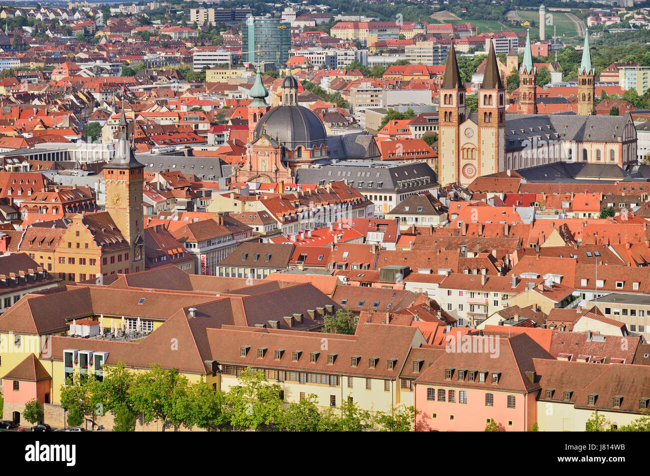 Germany, Bavaria, Wurzburg, View from the Festung Marienberg Fortress showing the  Alstadt or Old Town with the Town Hall Neumunster and Cathedral of  Stock Photo
