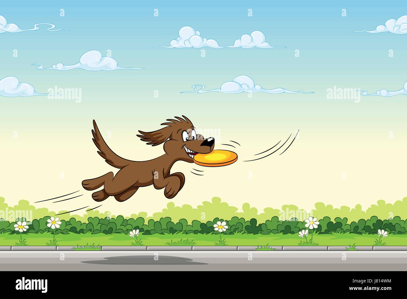 Dog catches a frisbee in the jump Stock Vector