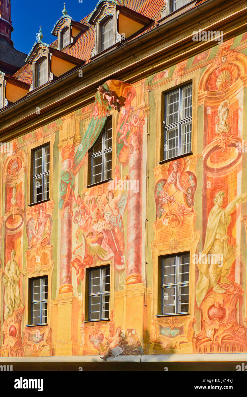 Germany, Bavaria, Bamberg, Altes Rathaus or Old Town Hall, Detail of frescoes with cherub protruding. Stock Photo