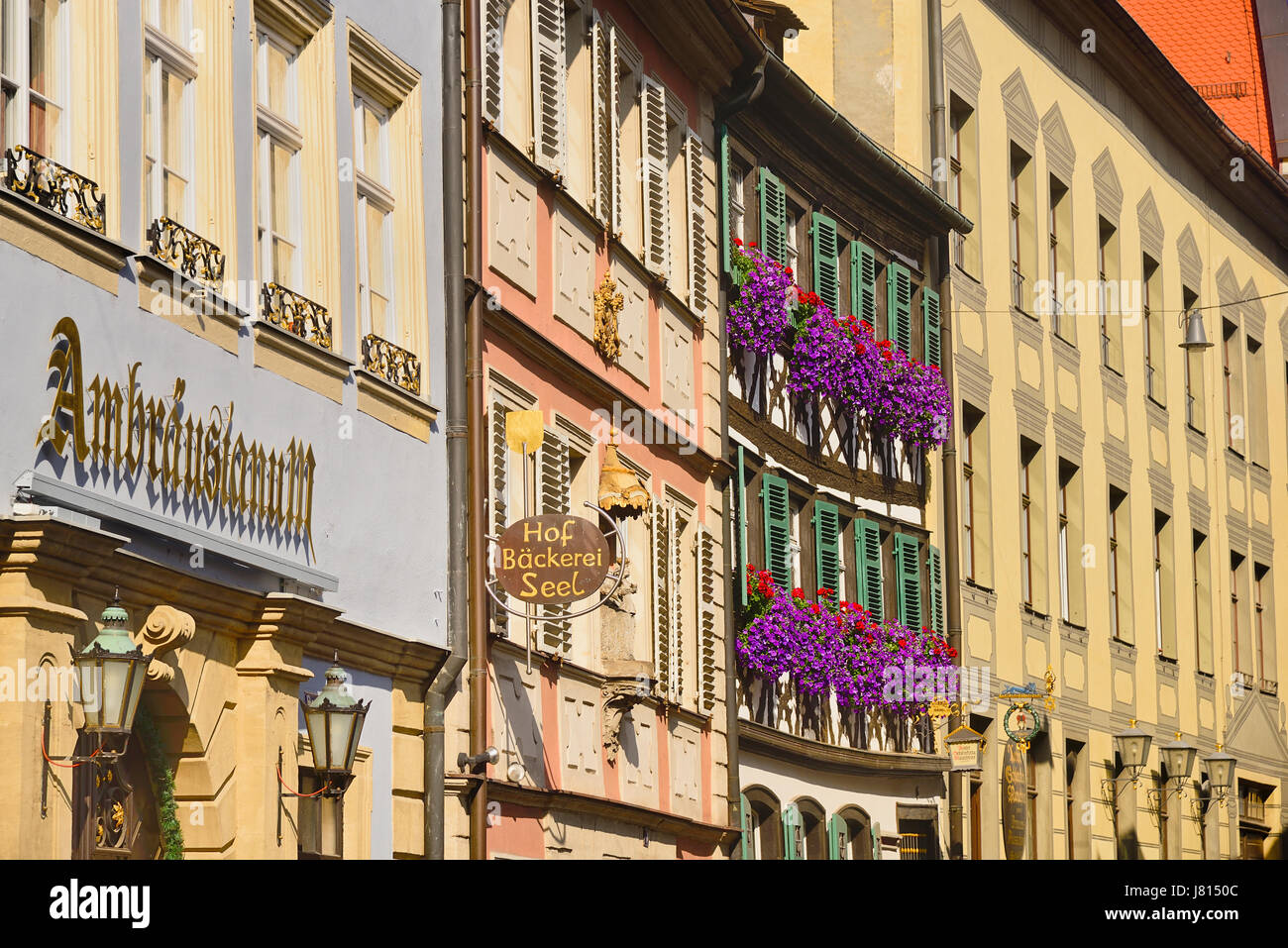 Germany, Bavaria, Bamberg, Dominikanerstrasse with Schlenkerla Brewery and tavern. Stock Photo