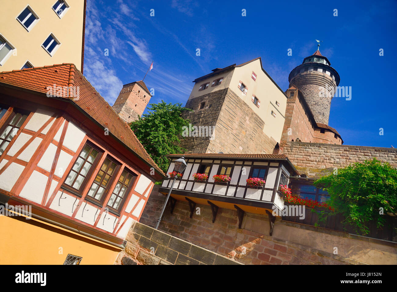 Germany, Bavaria, Nuremberg, Kaiserburg or Imperial Castle, Angular view with Sinwell Tower. Stock Photo