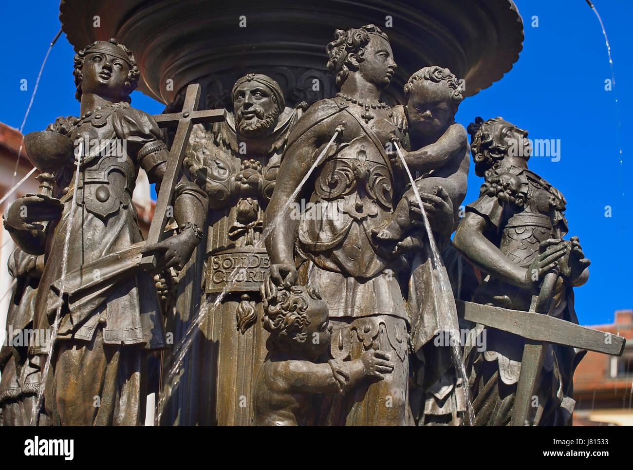 Germany, Bavaria, Nuremberg, Tugendbrunnen or Fountain of Virtues. Stock Photo