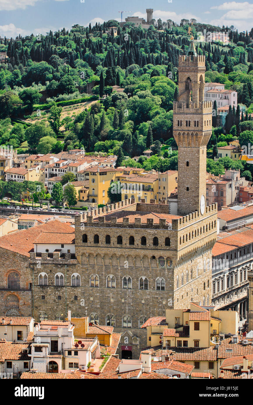 Italy, Tuscany, Florence, Piazza della Signoria, Palazzo Vecchio viewed from the Cathedral belltower. Stock Photo