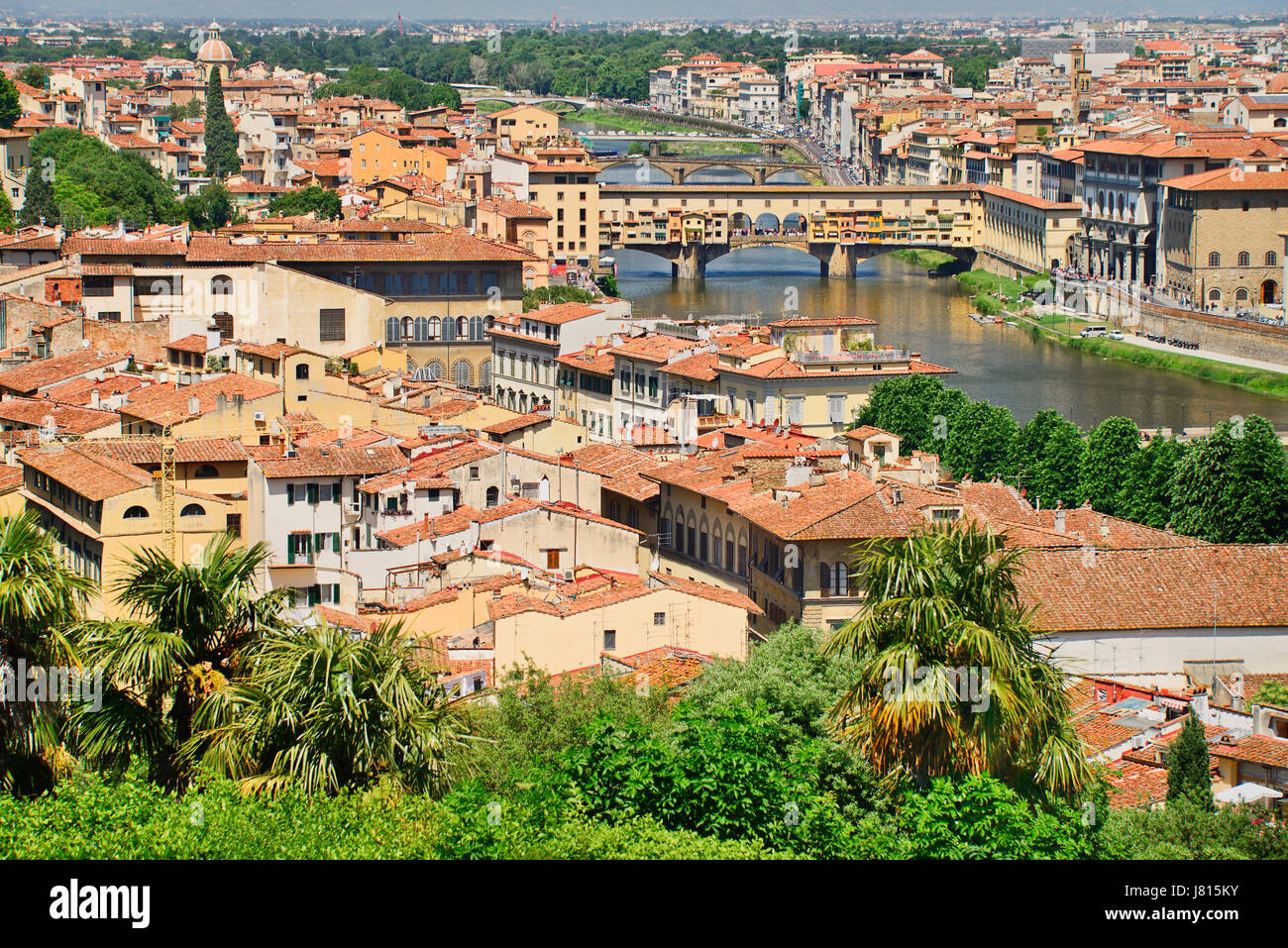 Italy, Tuscany, Florence, River Arno with Ponte Vecchio from Piazzale Michelangelo. Stock Photo