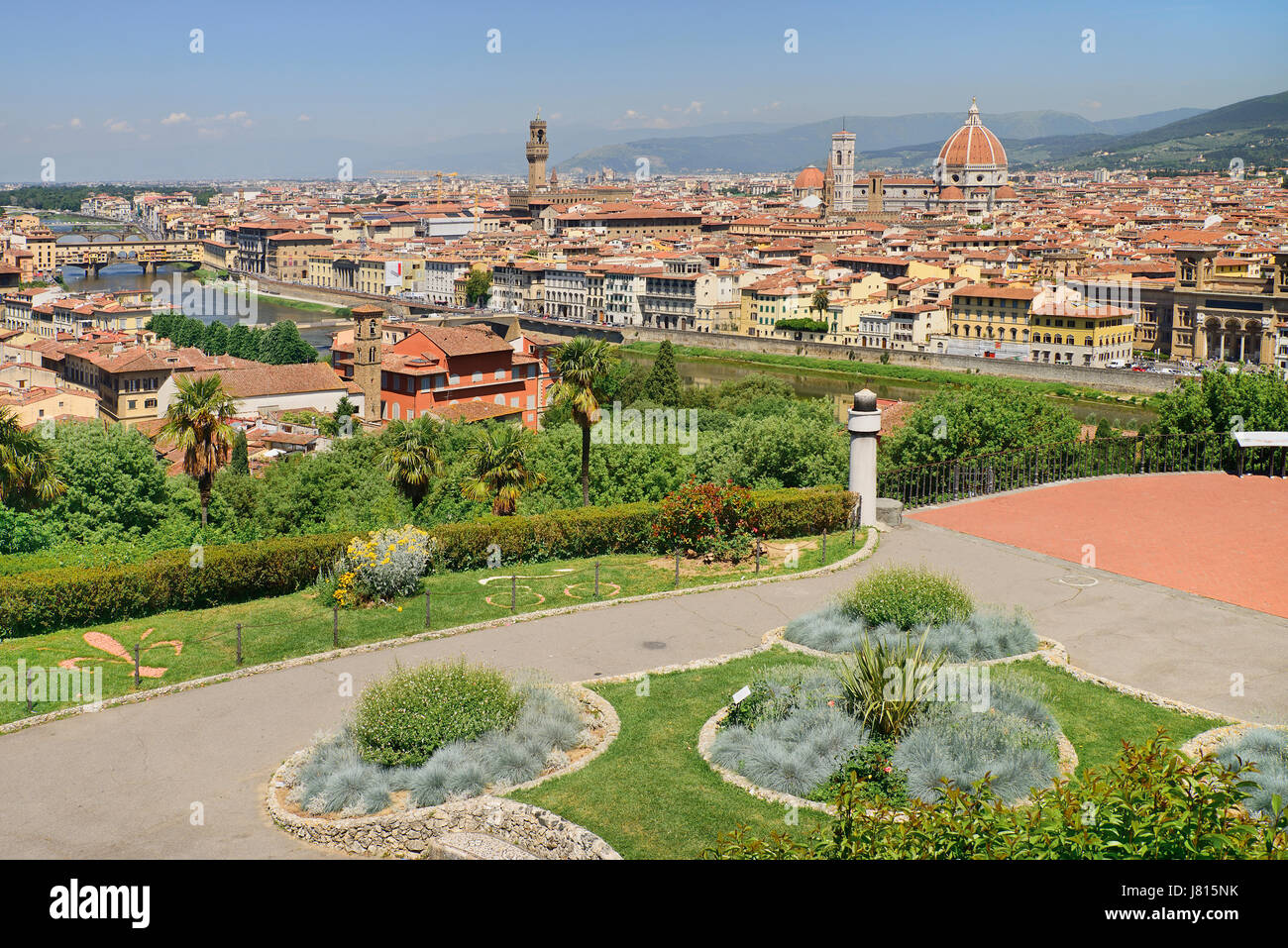 Italy, Tuscany, Florence, River Arno with Ponte Vecchio and the dome of the Cathedral seen from Piazzale Michelangelo. Stock Photo