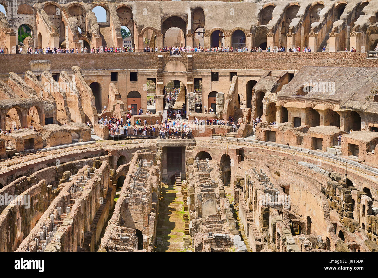Italy, Rome, The Colosseum amphitheatre built by Emperor Vespasian in AD 80 with the interior thronged with tourists. Stock Photo