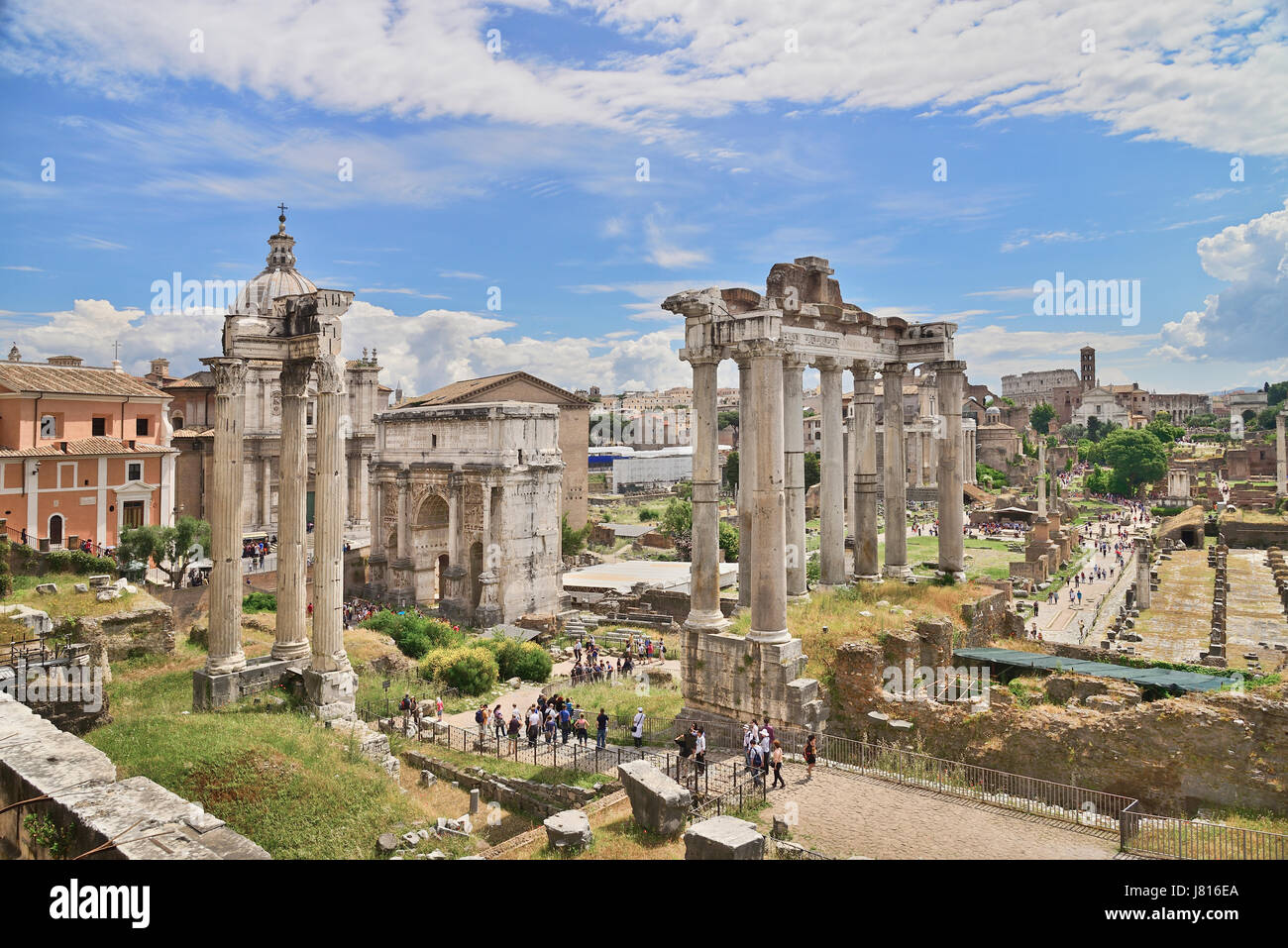 Italy, Rome, View of the Roman Forum from Capitoline Hill with ruins of the Arch of Septimus Severus and the Temple of Saturn prominent. Stock Photo