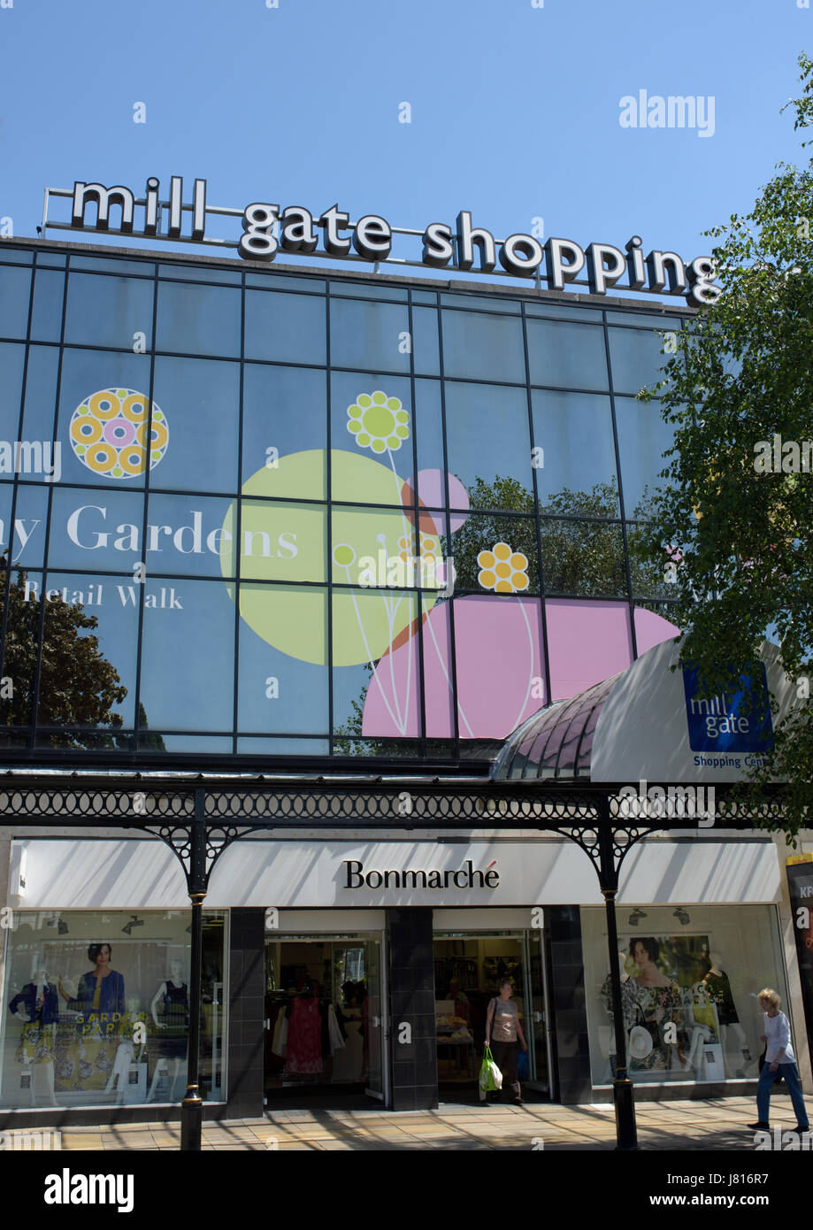 Mill gate shopping centre glass building facade in bury town centre in