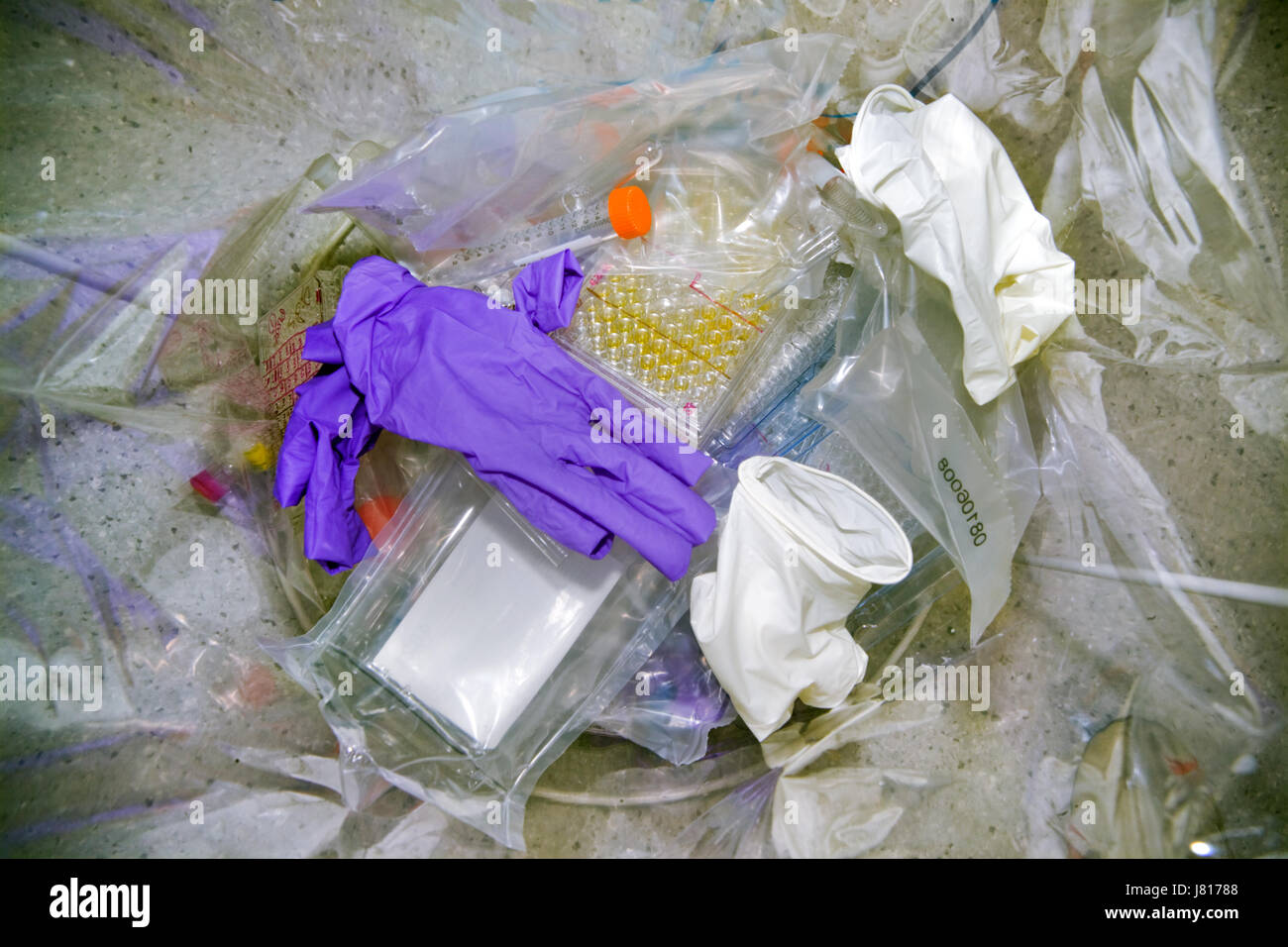 Clinical waste in a laboratory trash bag. Discarded material in waste bin of a UK biomedical laboratory for disposal by incineration Stock Photo