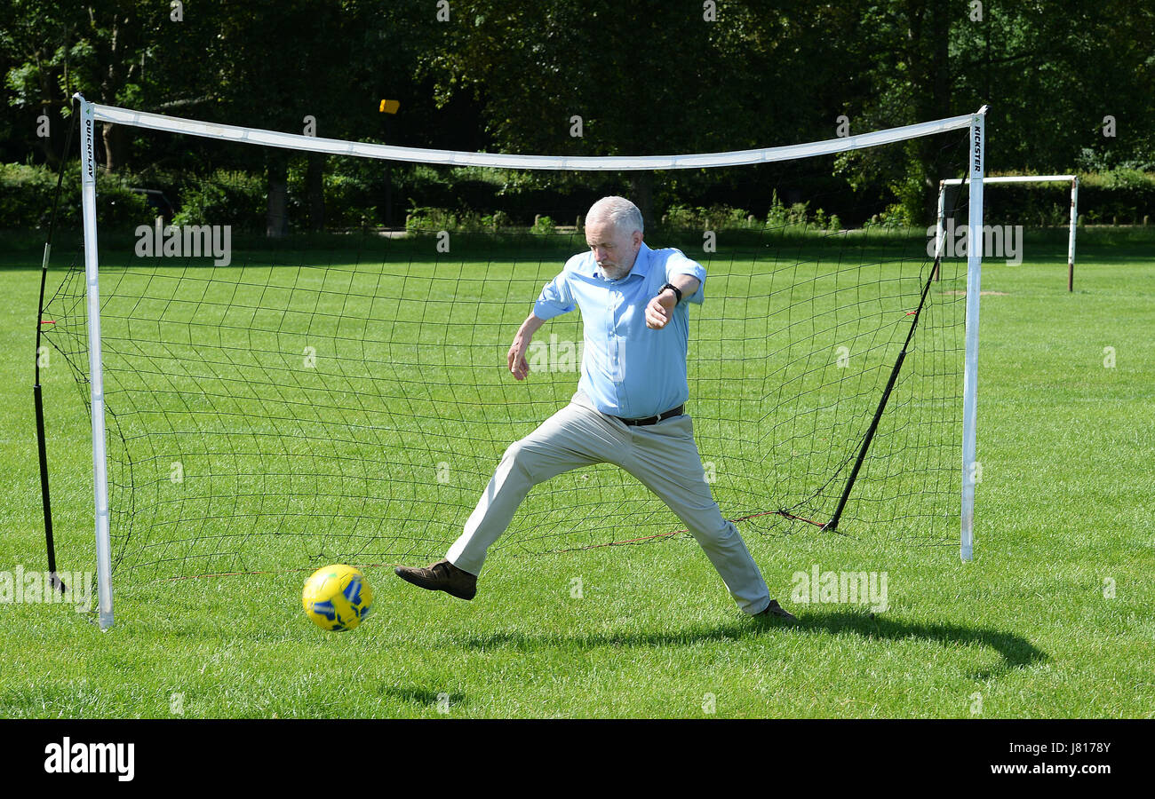 A A Penalty Kick From A Child Gets Past Labour Party Leader Jeremy Corbyn During A Visit To Hackney Marshes Football Pitches To Highlight Labour S Manifesto Commitment To Ensure 5 Of The