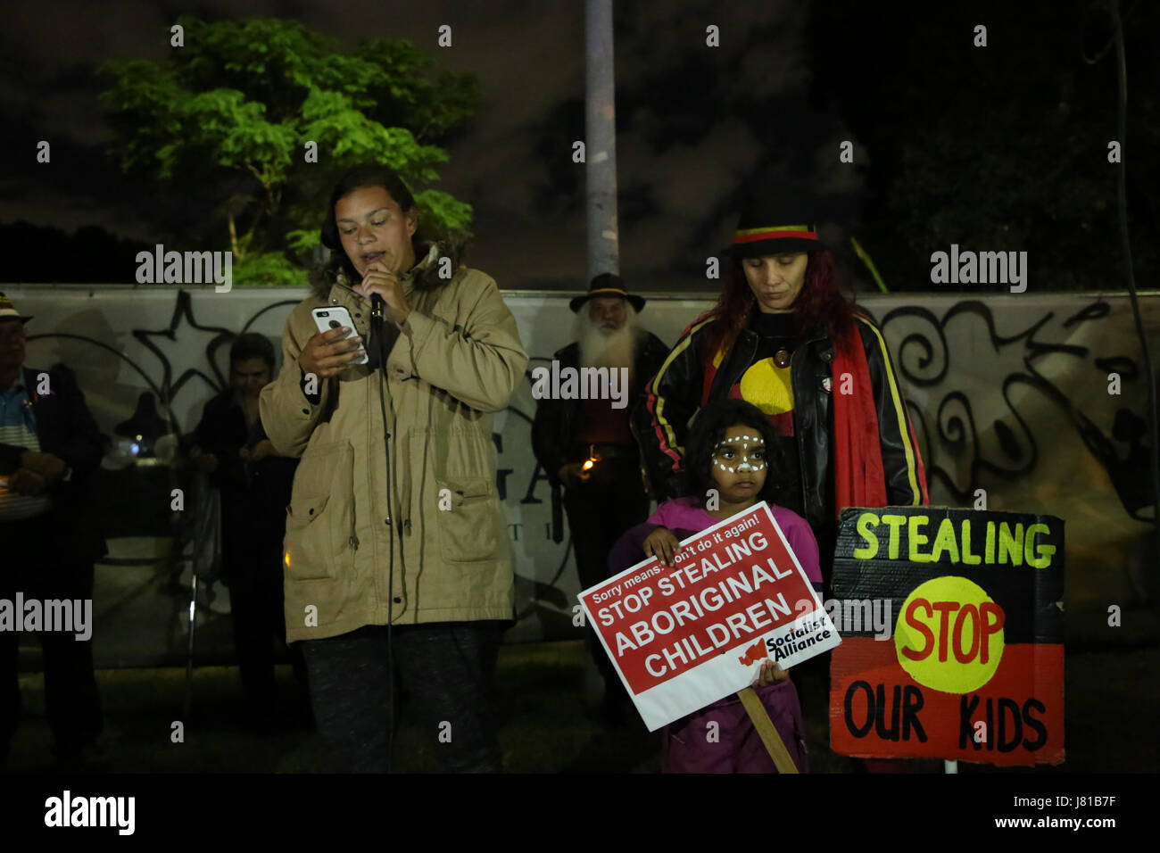 Sydney, Australia. 26th May, 2017. Pictured: Kirra Voller, sister of Dylan Voller. Twenty years since the release of the Bringing them Home report, a candle lit vigil and march was held in Sydney on National Sorry Day. Protesters assembled at Victoria Park, Broadway and marched to Central Station, platform 1 where Aboriginal children had been separated from their families and sent to institutions and foster homes. Speakers recalled memories of abuse and sadness at being taken from their families. Credit: Richard Milnes/Alamy Live News Stock Photo