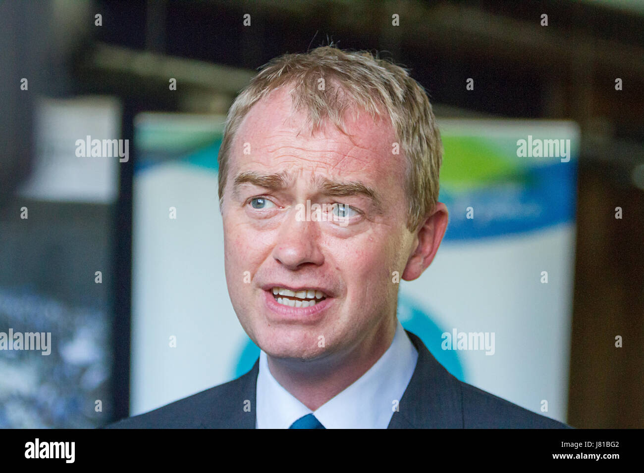 Warrington, UK. 26th May, 2017. Warrington Peace Centre, Warrington, UK. 26th May, 2017. Leader of the Liberal Democrats, Tim Farron, visited Warrington Peace Centre on 26 May 2017 and after a tour of the building and meeting Colin and Wendy Parry who lost their 12 year old son, Tim Parry, in the bombing of Warrington in 1993. Leader of the Liberal Democrats, Tim Farron, talks to the media at the Peace Centre in Warrington on 26 May 2017 Credit: John Hopkins/Alamy Live News Credit: John Hopkins/Alamy Live News Stock Photo