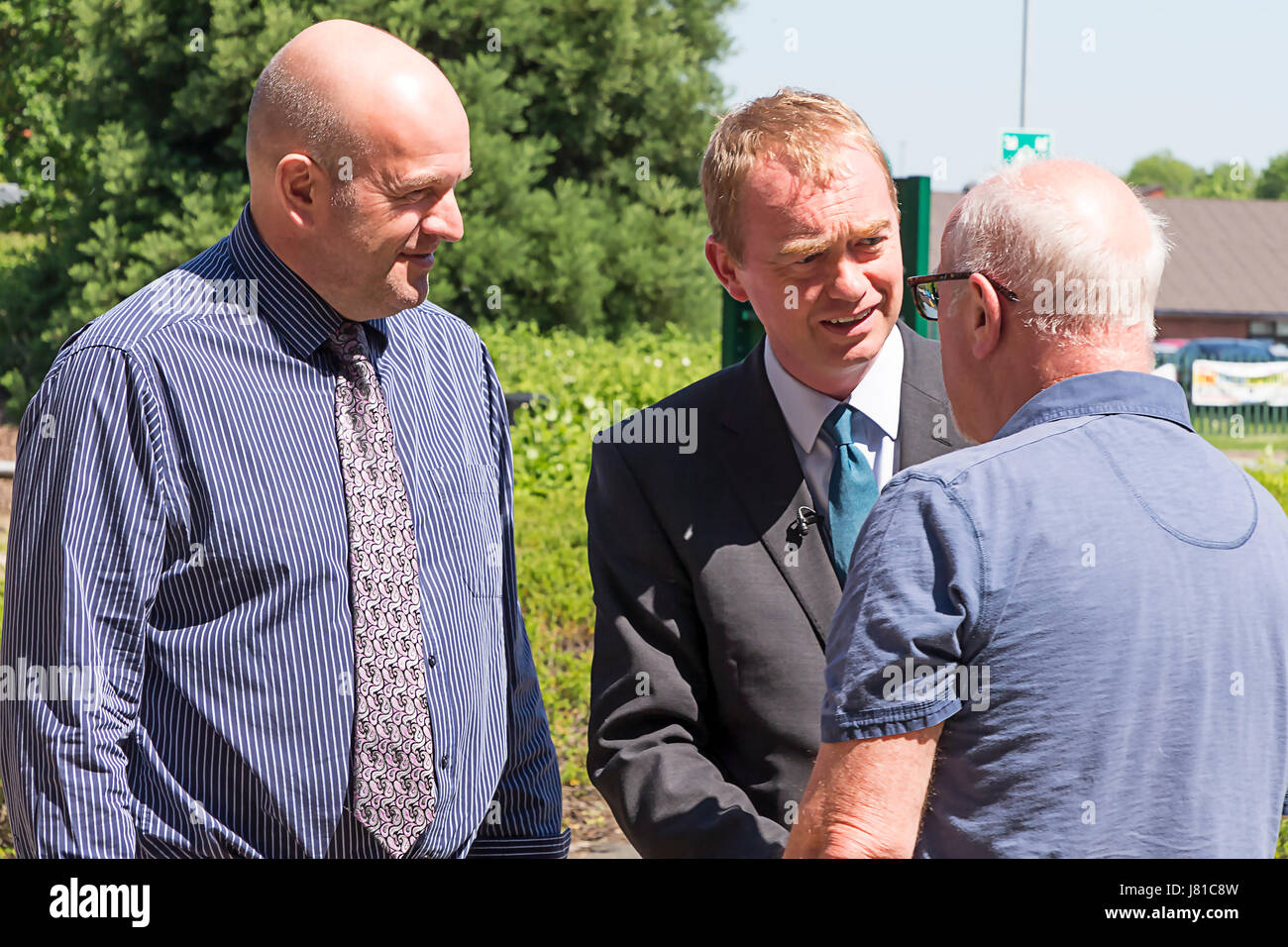 Warrington, UK. 26th May, 2017. Warrington, UK. 26th May, 2017. Liberal Democrat leader, Tim Farron, visited the Warrington Peace Centre on 26 May 2017 and was greeted at the door by Nick Taylor, Director (CHIEF EXECUTIVE) in THE TIM PARRY JOHNATHAN BALL PEACE CENTRE LTD and Colin Parry. Colin Parry lost his 12 year old son, Tim Parry, in the Warrington bombings of 1993 Credit: John Hopkins/Alamy Live News Credit: John Hopkins/Alamy Live News Stock Photo