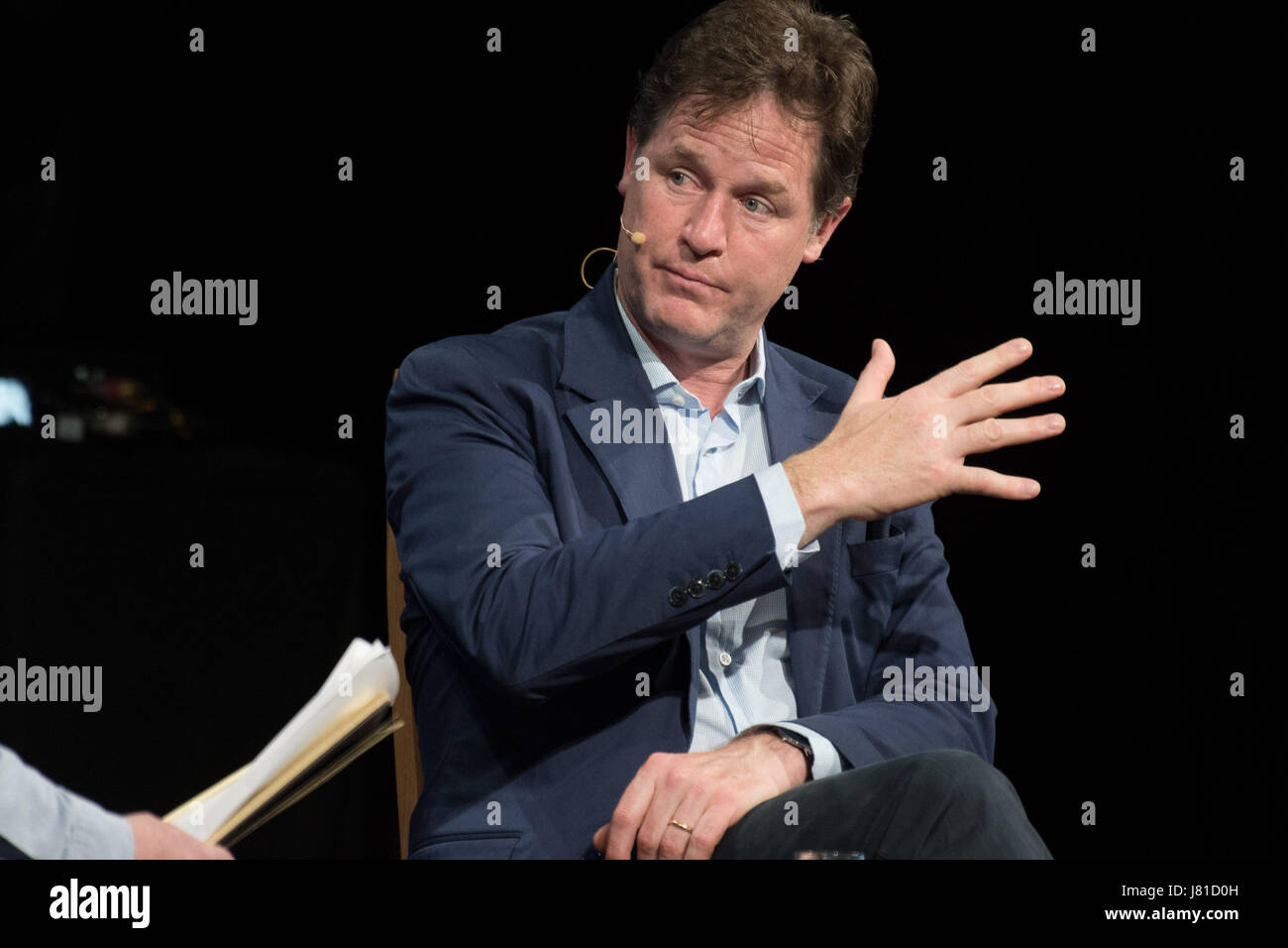 Hay on Wye, Wales UK, Friday 26 May 2017. Former Deputy Prime Minister NICK CLEGG speaking about the 2010-2015 coalition government at the Hay Festival - which is this yer celebrating it's 30th anniversary. Temperatures in many parts of the UK will reach the high 20's centigrade today, before thundery weather rolls in from the west overnight and tomorrow morning Credit: keith morris/Alamy Live News Stock Photo
