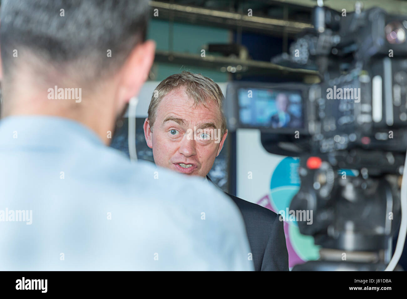 Warrington, UK. 26th May, 2017. Leader of the Liberal Democrats, Tim Farron, visited the Warrington Peace Centre and was shown around the building by Colin and Wendy Parry who lost their 12 year old son, Tim Parry, in the IRA bombing of Warrington in 1993. He then spoke to the media and answered their questions Credit: John Hopkins/Alamy Live News Stock Photo