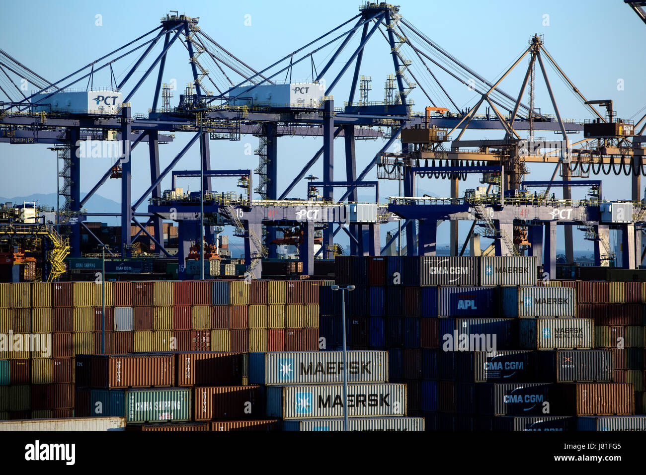 Containers shipping are seen at the port of Piraeus, near Athens, 20 ...