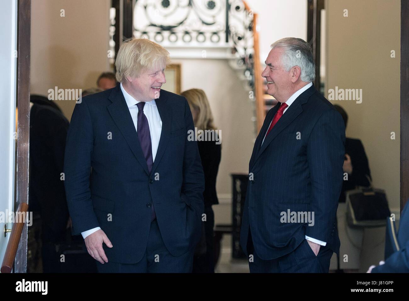 London, UK. 26th May, 2017. British Foreign Secretary Boris Johnson and U.S. Secretary of State Rex Tillerson, right, following a press conference at Carlton House May 26, 2017 in London, United Kingdom. Tillerson is in London to show support following the Manchester terror attack and reassure Britain following a series of leaks of shared intelligence. Credit: Planetpix/Alamy Live News Stock Photo