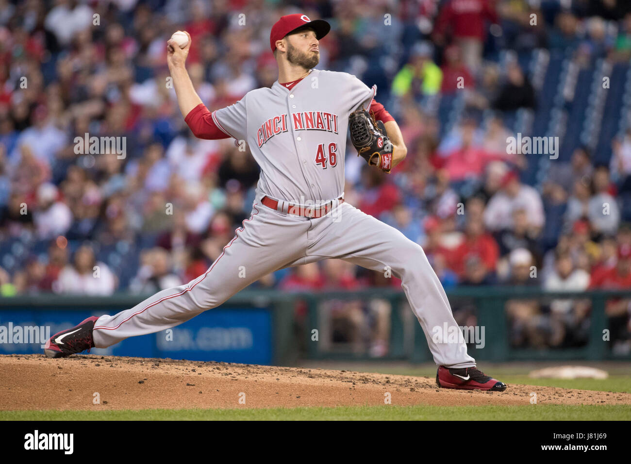 Philadelphia, Pennsylvania, USA. 26th May, 2017. Cincinnati Reds starting pitcher Tim Adleman (46) throws a pitch during the MLB game between the Cincinnati Reds and Philadelphia Phillies at Citizens Bank Park in Philadelphia, Pennsylvania. Christopher Szagola/CSM/Alamy Live News Stock Photo