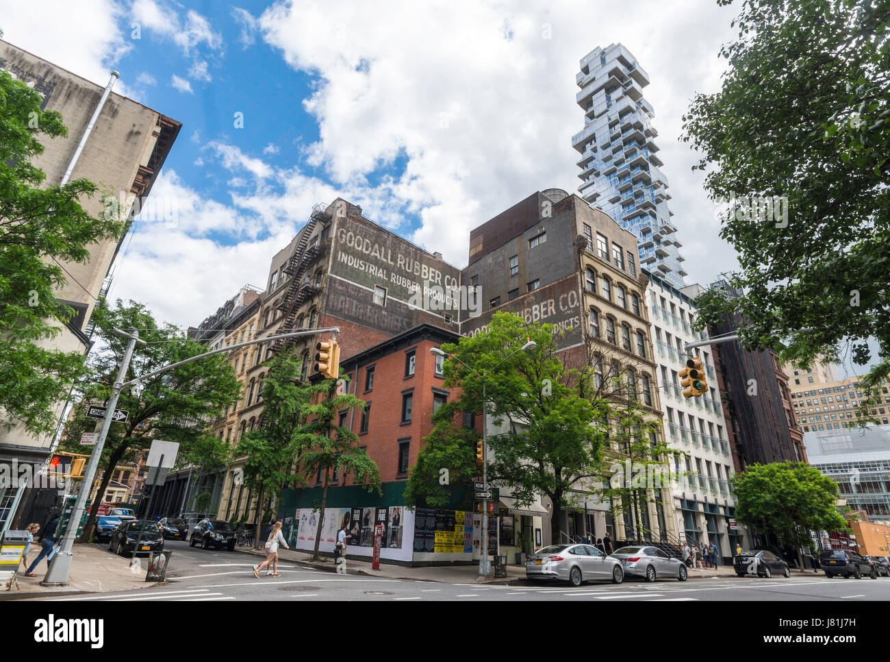 New York, USA. 26th May, 2017. Empty streets in TriBeCa on a Friday before the Memorial Day Weekend as New Yorkers leave for a three day holiday. The 60 story condo, 54 Leonard Street, known as the Jenga Building, rises above loft and industrial buildings © Stacy Walsh Rosenstock/Alamy Live News Stock Photo