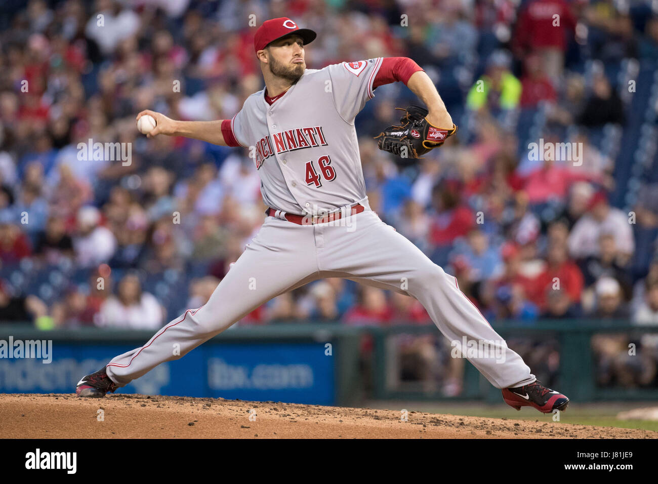 Philadelphia, Pennsylvania, USA. 26th May, 2017. Cincinnati Reds starting pitcher Tim Adleman (46) throws a pitch during the MLB game between the Cincinnati Reds and Philadelphia Phillies at Citizens Bank Park in Philadelphia, Pennsylvania. The Cincinnati Reds won 5-2. Christopher Szagola/CSM/Alamy Live News Stock Photo