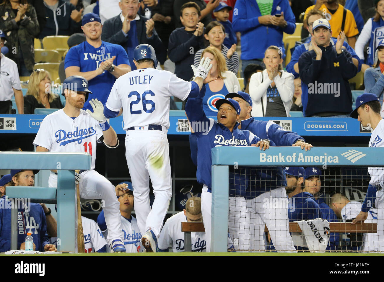 Los Angeles, CA, USA. 26th May, 2017. Los Angeles Dodgers second baseman Chase Utley 26 gets a