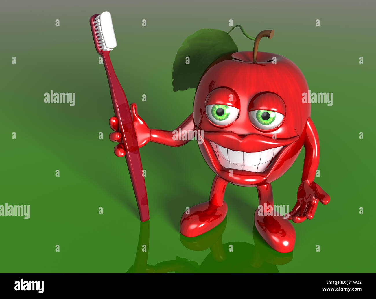 food aliment fruit bright shiny cartoon apple red fresh healthy laugh laughs Stock Photo