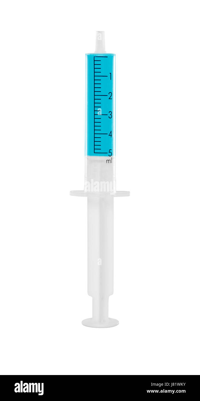 Medical syringe with a blue injection without the needle. Stock Photo