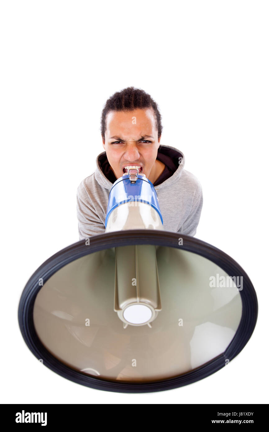 loud anger resentment annoy demonstrater megaphone agression aggression cry man Stock Photo