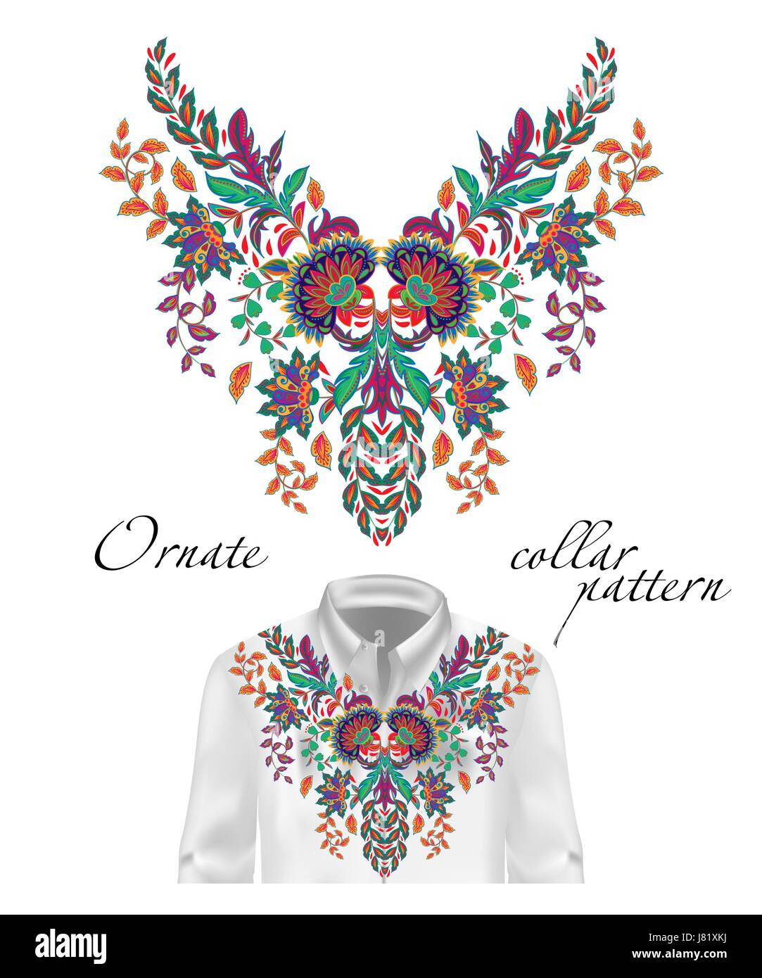 Vector embroidery ethnic flowers neck pattern. Blue flower design