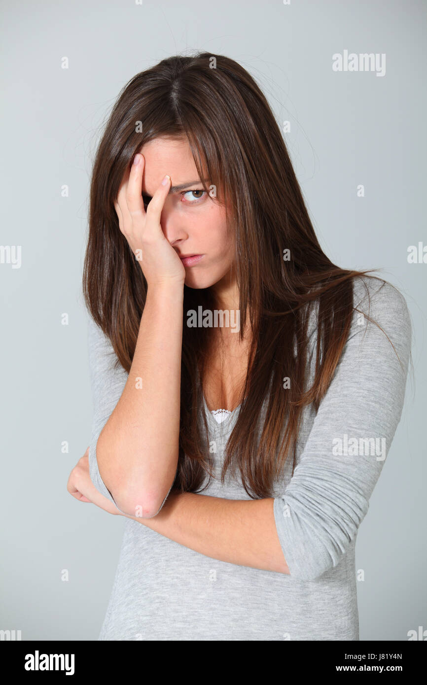 woman closeup face portrait sad blank european caucasian studio adult ...