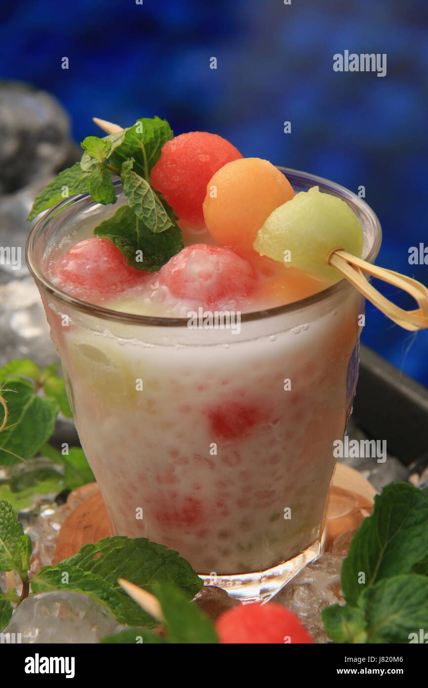 Iced Melon and Sago Pearls in Coconut Milk, popular Asian cold dessert
