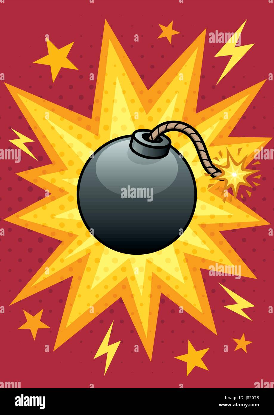 Cartoon illustration of bomb with blasting background. Stock Vector