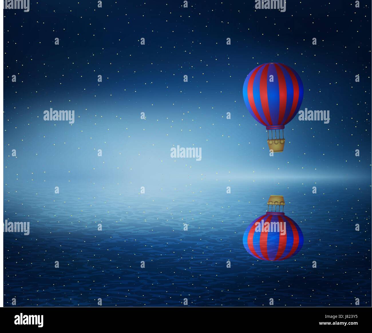 Vector illustration as a hot air balloon flying over the a cold dark blue ocean. Wonderful landscape with a starry night sky background reflect in wat Stock Vector