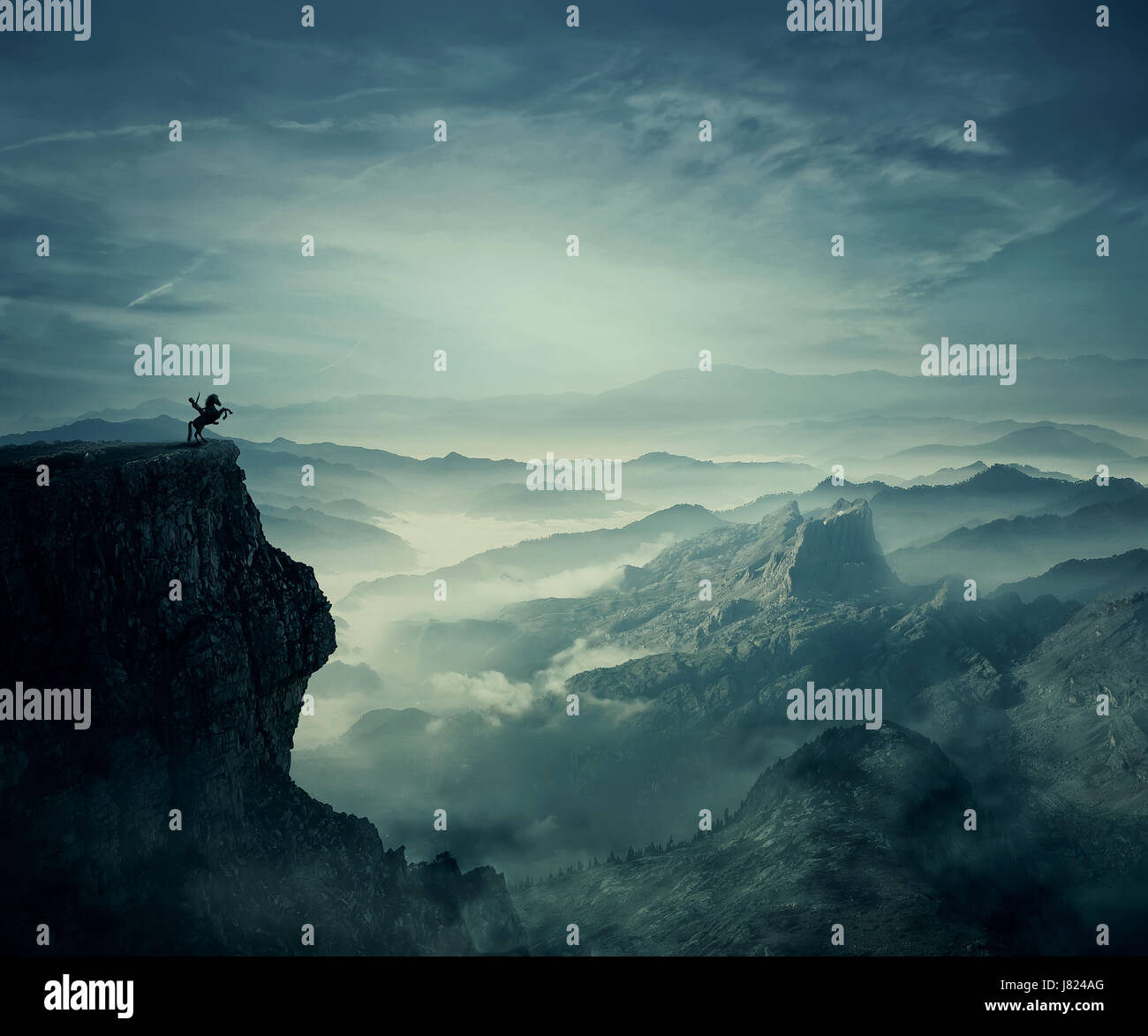 Young man riding a wild horse on the peak of a cliff. New lands discovery, adventure and friendship concept. Stock Photo