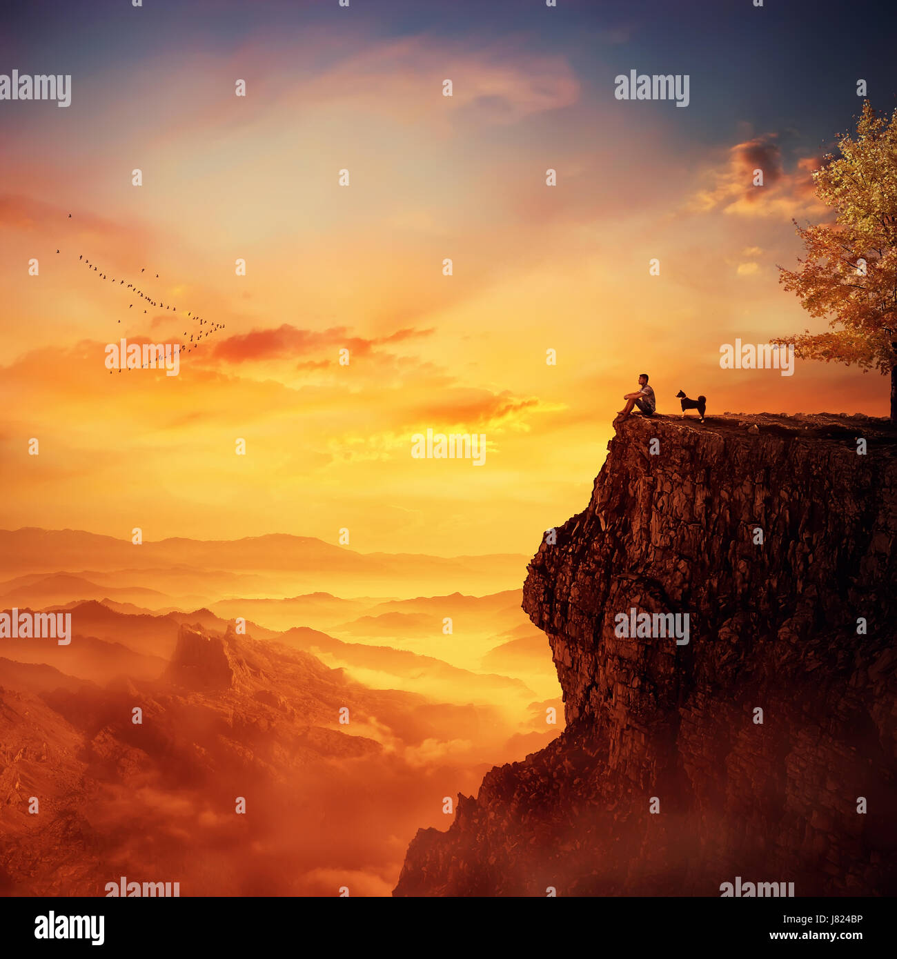 Young man with his faithful dog standing on the peak of a cliff watching the sunset over valley. Recalling childhood memories, friendship between huma Stock Photo